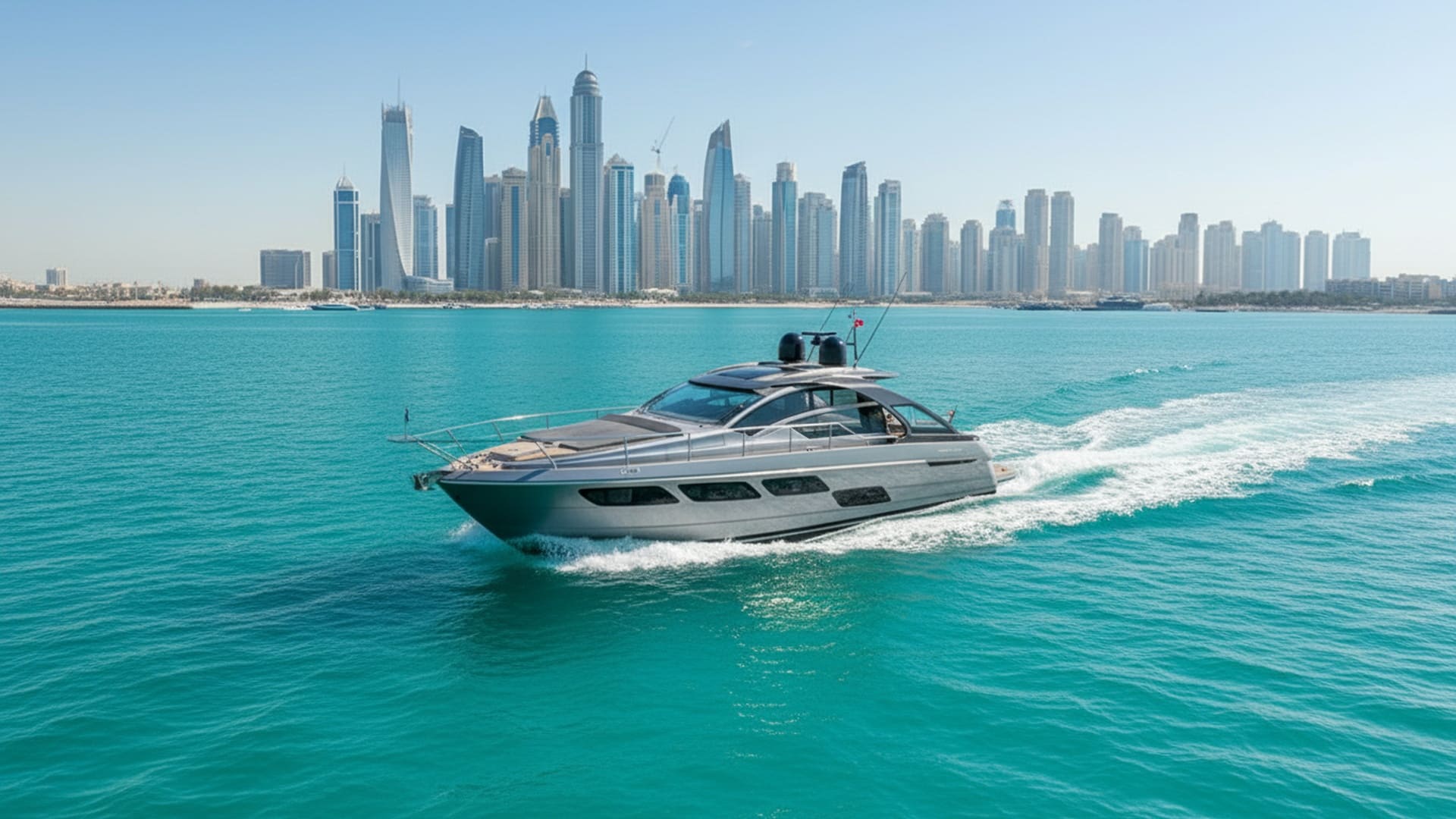 Jachta Ruby Dream 52 ft z ptačí perspektivy v Dubai Marina
