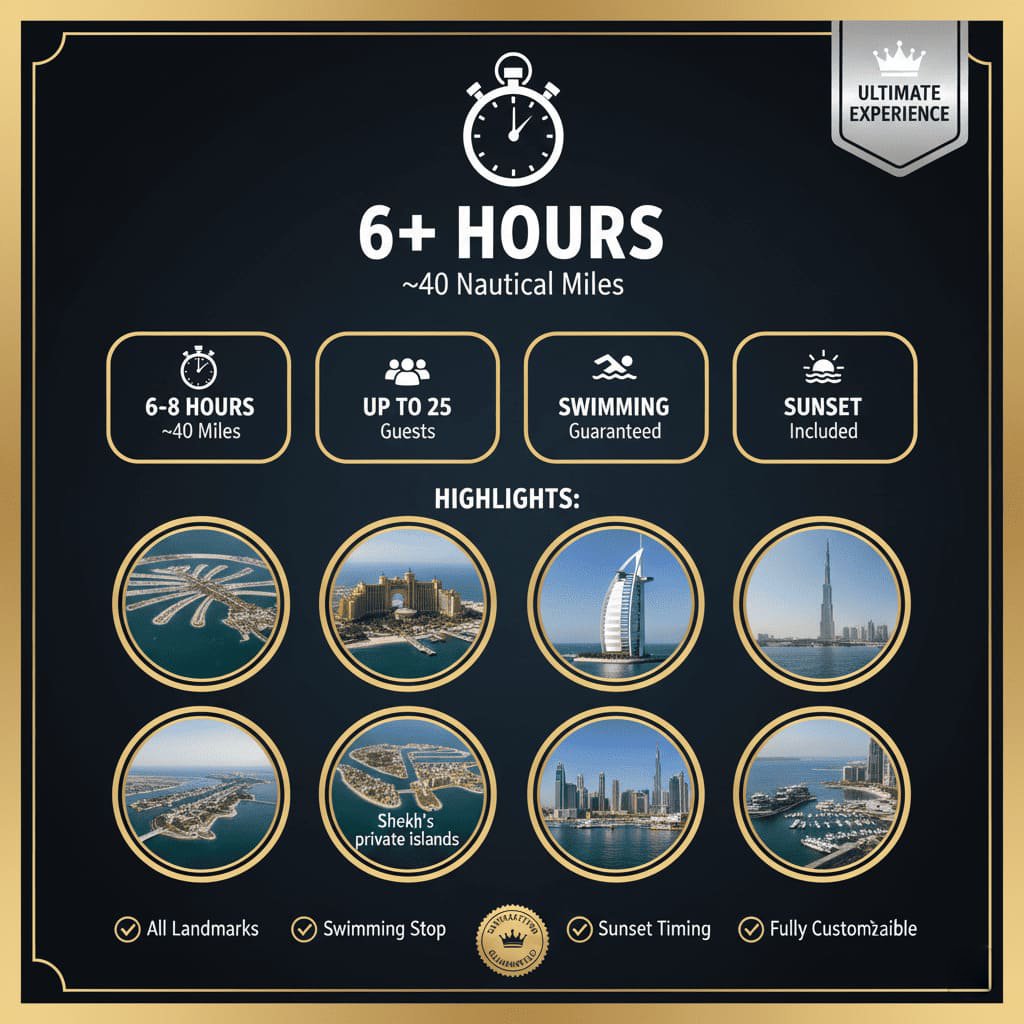 Dubai full-experience yacht tour route, all highlights.
