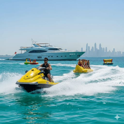 Dubai luxury yacht watersports: jet ski, diving experiences.