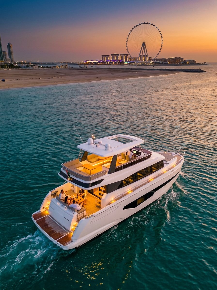 Aerial perspective of a yacht navigating coastal waters with captain and guests
