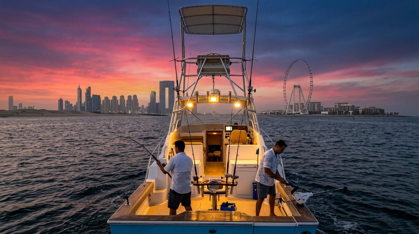 Anglers casting lines from the aft deck of a fishing boat