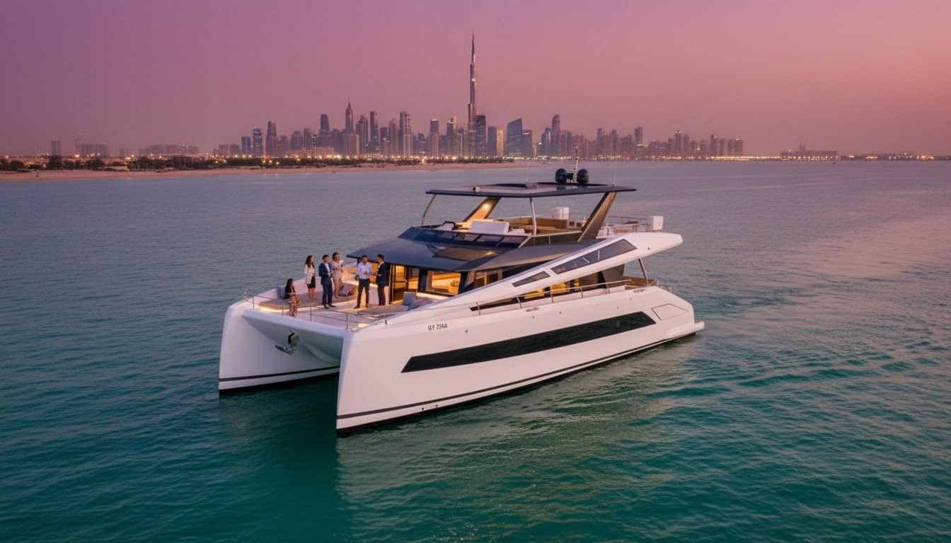 Business colleagues gathered on a spacious yacht deck against the Dubai skyline