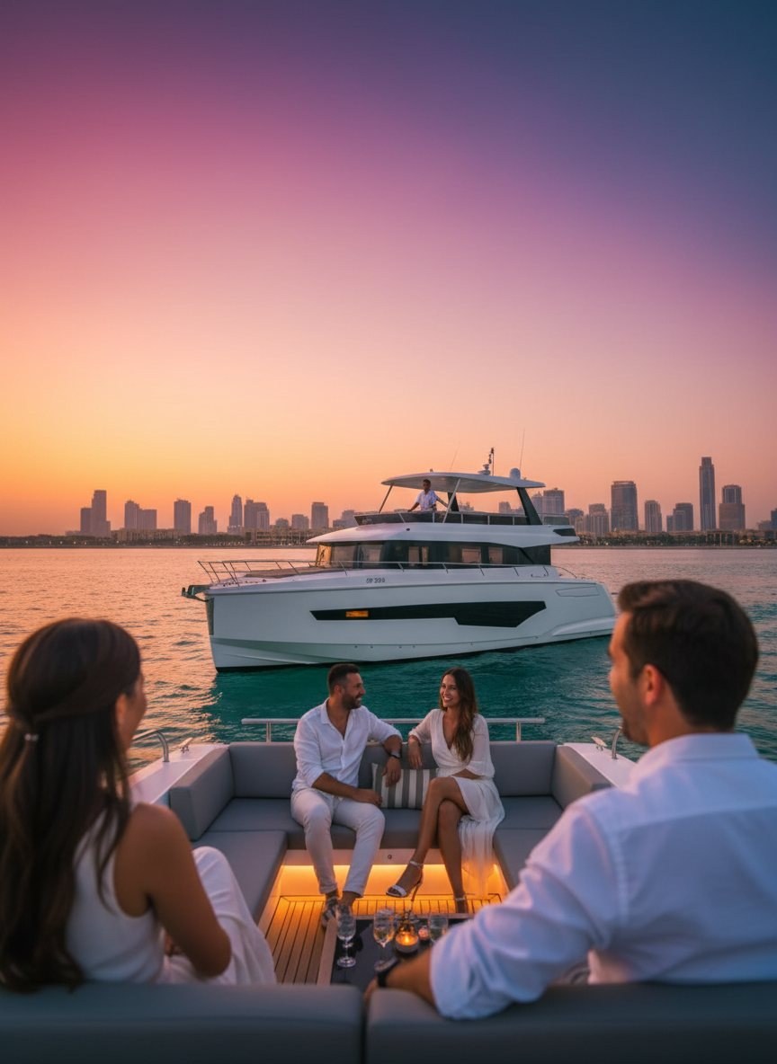 Captain at the helm controls with guests relaxing along the Dubai coast