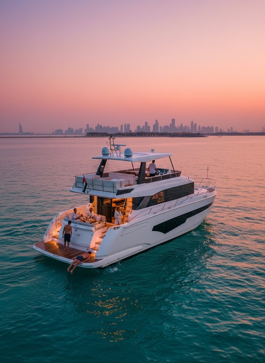 Captain navigating at the helm while guests relax on the yacht stern