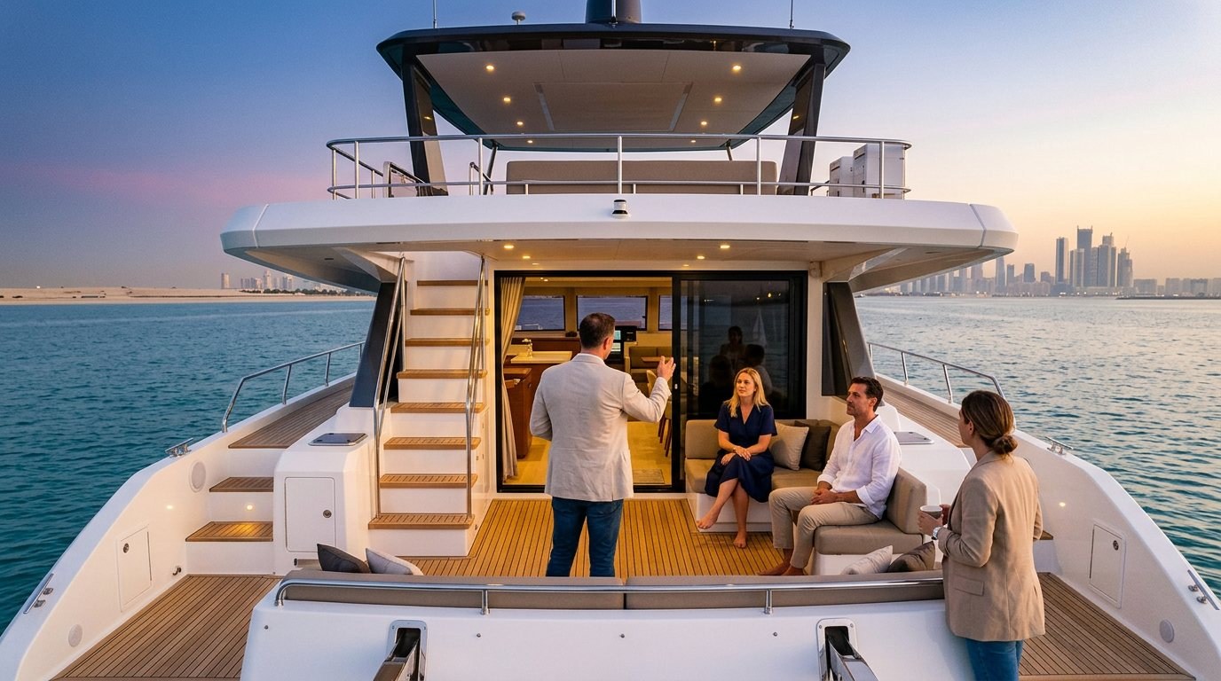 Corporate group chatting on a yacht deck with the morning Dubai coastline