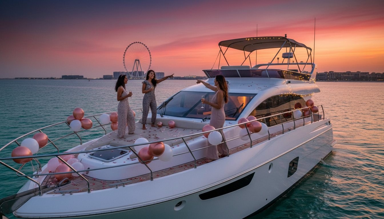 Deck decorated with balloons as guests celebrate against the coastal sunset