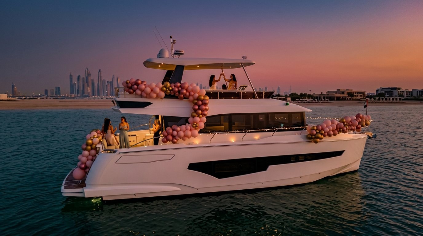 Decorated celebration yacht carrying happy guests near the scenic Dubai coastline