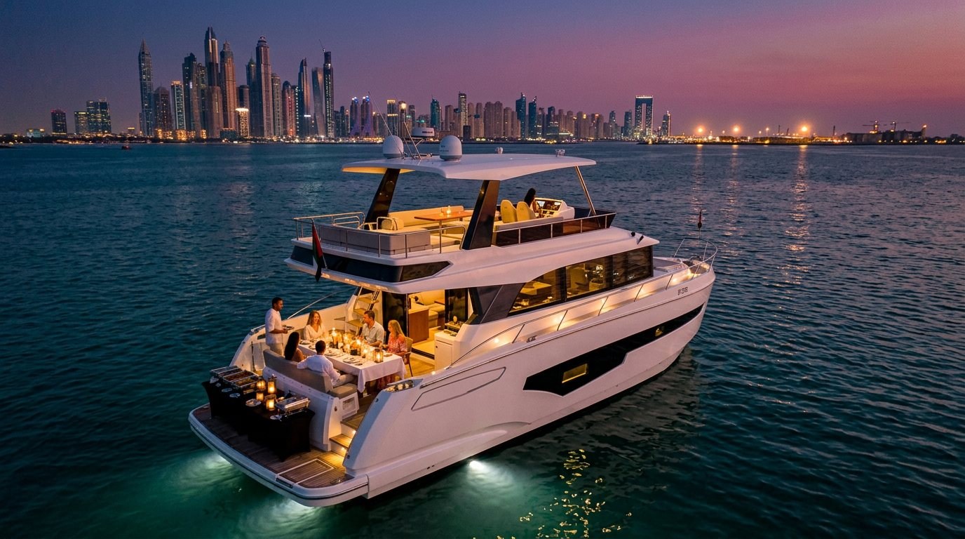 Elegant open-air dinner table setting on a yacht deck facing glowing Dubai Marina