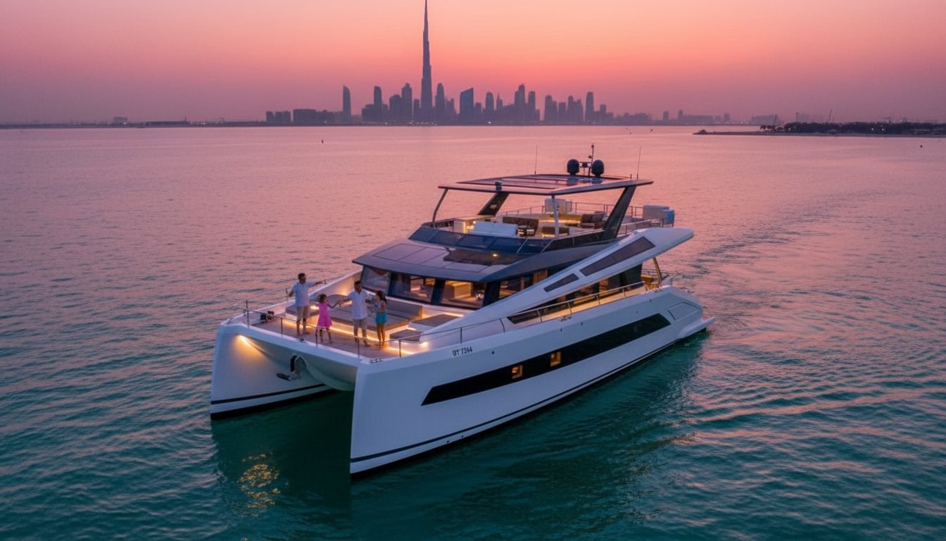 Family enjoying time together on a sunny motor yacht deck in Dubai