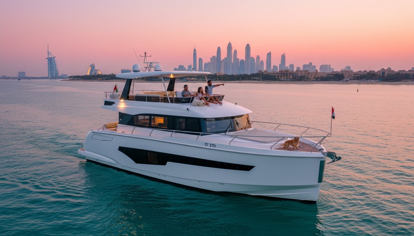 Family relaxing on a yacht deck against the backdrop of Dubai shoreline