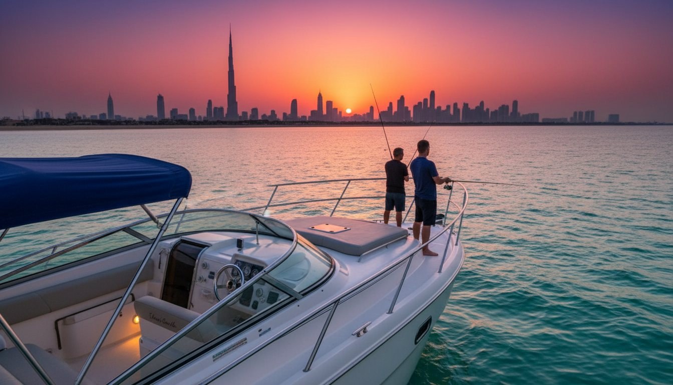 Pescadores com varas na popa do barco no mar de Dubai