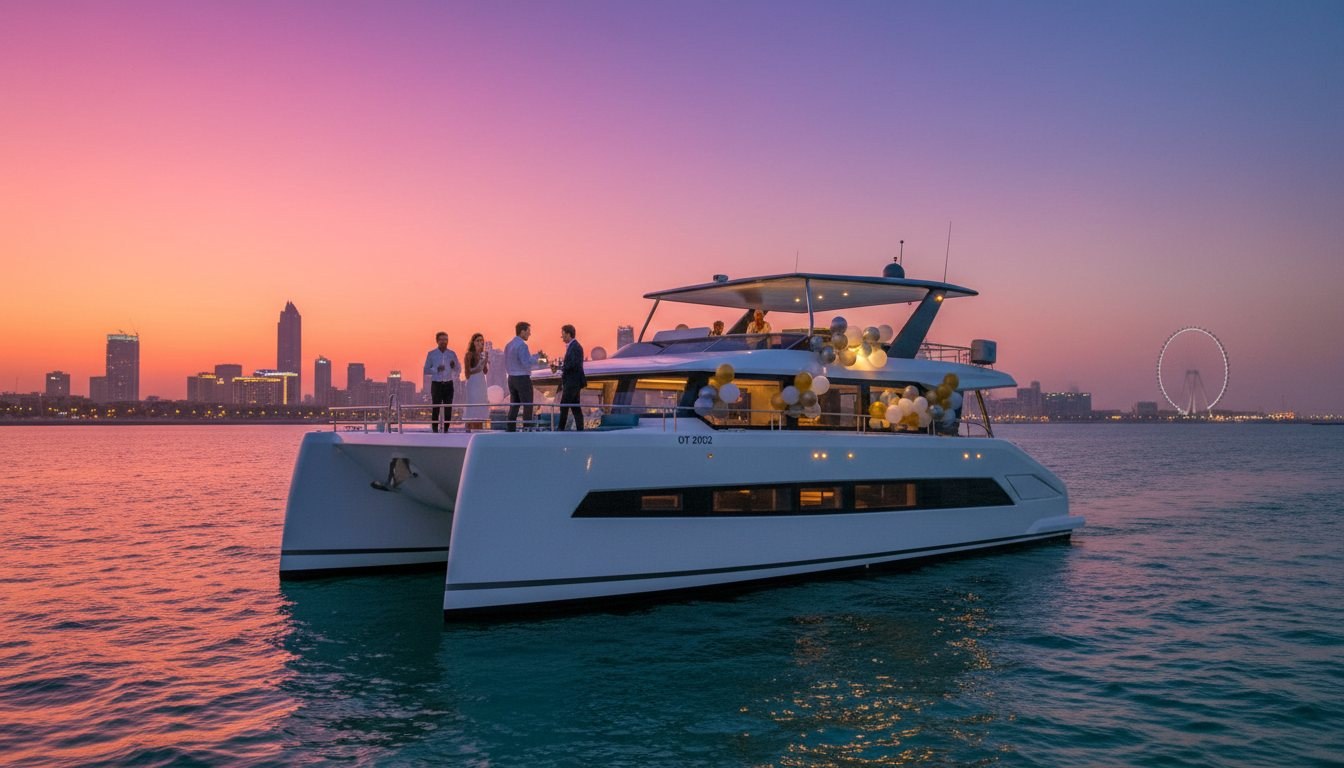 Guests celebrating with festive balloons on a yacht deck along the Dubai coast