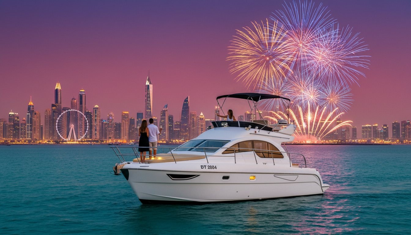 Guests enjoying drinks on a yacht deck watching fireworks over Dubai skyline