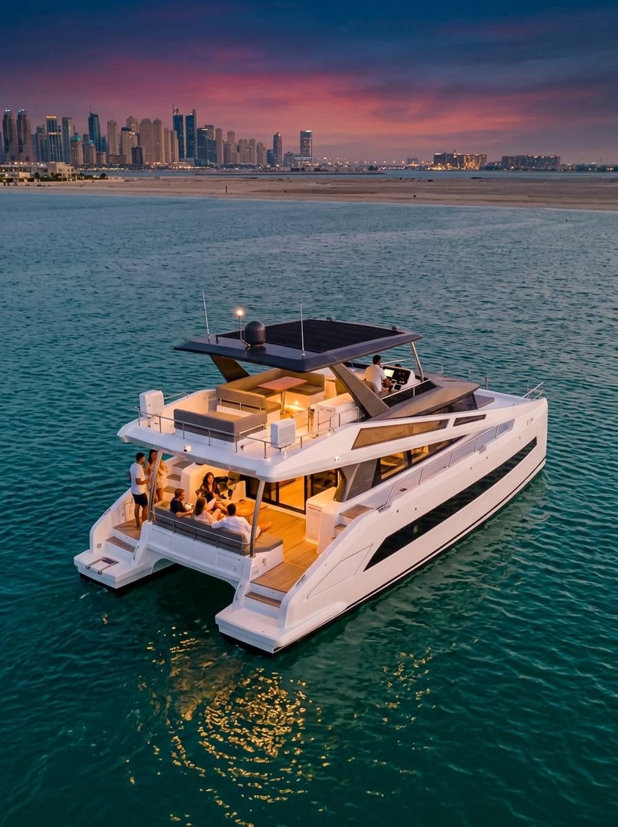 High angle of a yacht with captain steering and guests on deck