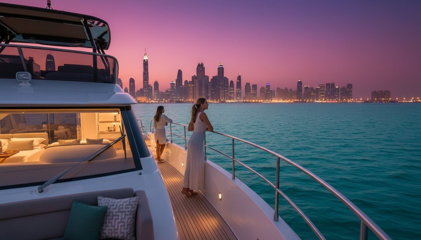 Illuminated motor yacht anchored peacefully near the glowing night skyline of Dubai