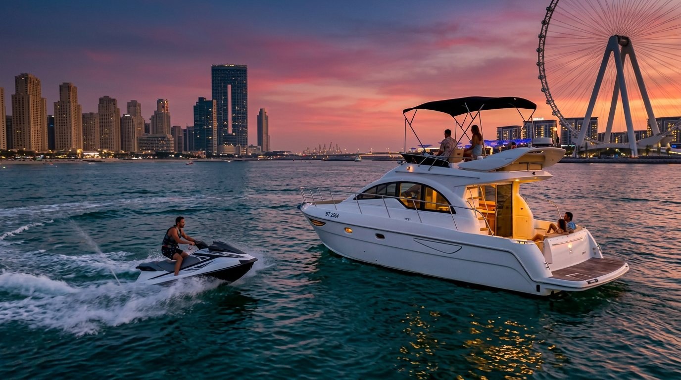 Jet ski riding parallel to a motor yacht in clear turquoise waters