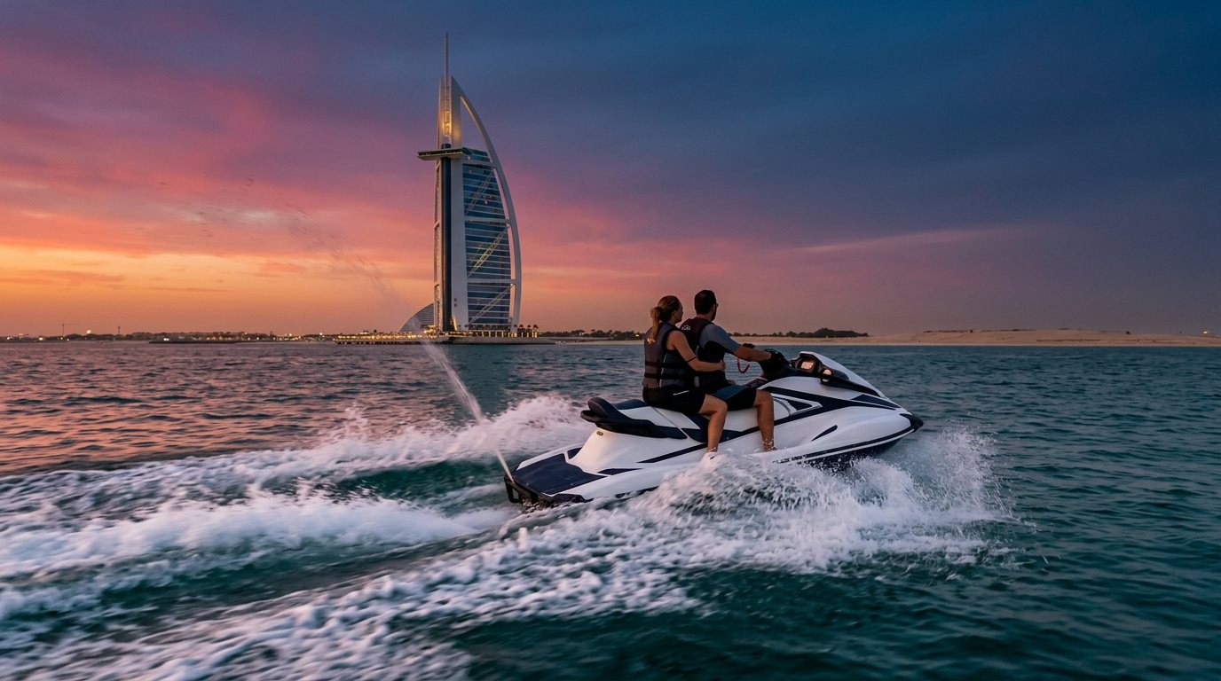 Pessoa pilotando moto aquática veloz com Burj Al Arab ao fundo