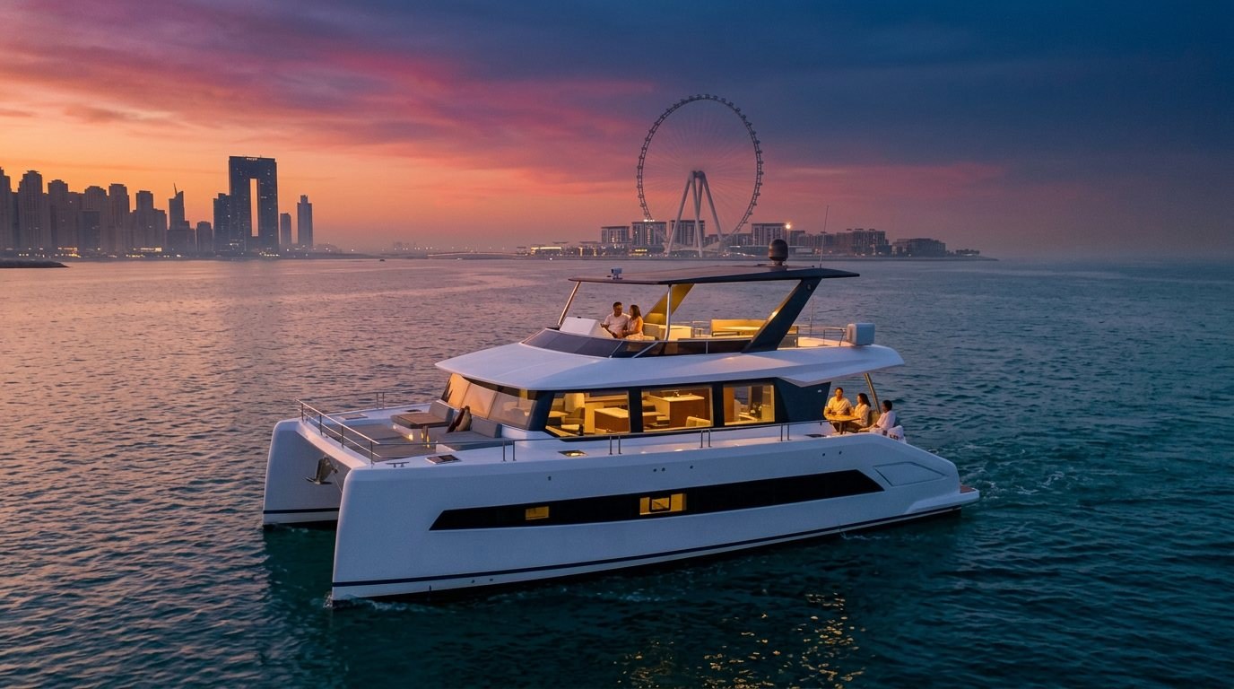 Motor yacht floating on calm waters in front of Dubai skyline