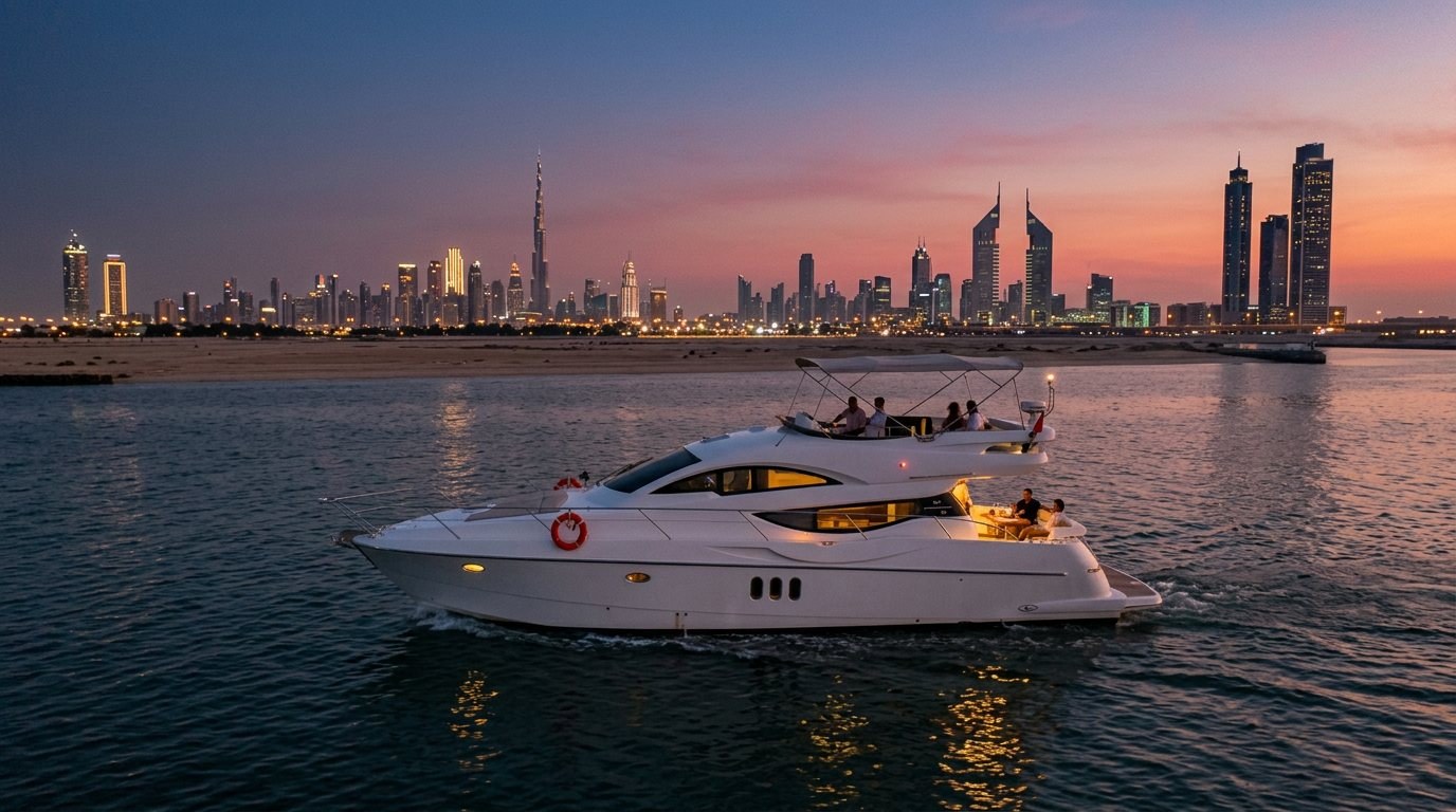 Private white motor yacht sailing past famous illuminated Dubai coastal landmarks