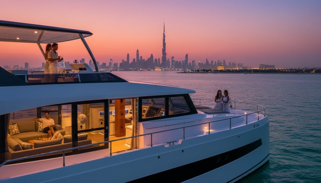 Weiße Motoryacht gleitet im Abendlicht an den Wahrzeichen Dubais vorbei