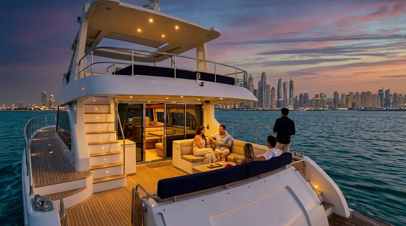 Private white motor yacht sailing past illuminated Dubai landmarks during twilight