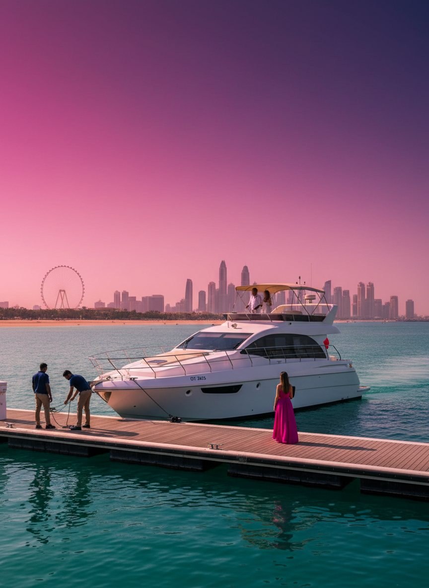 طاقم اليخت على رصيف الميناء وخلفهم يمتد ساحل مدينة دبي
