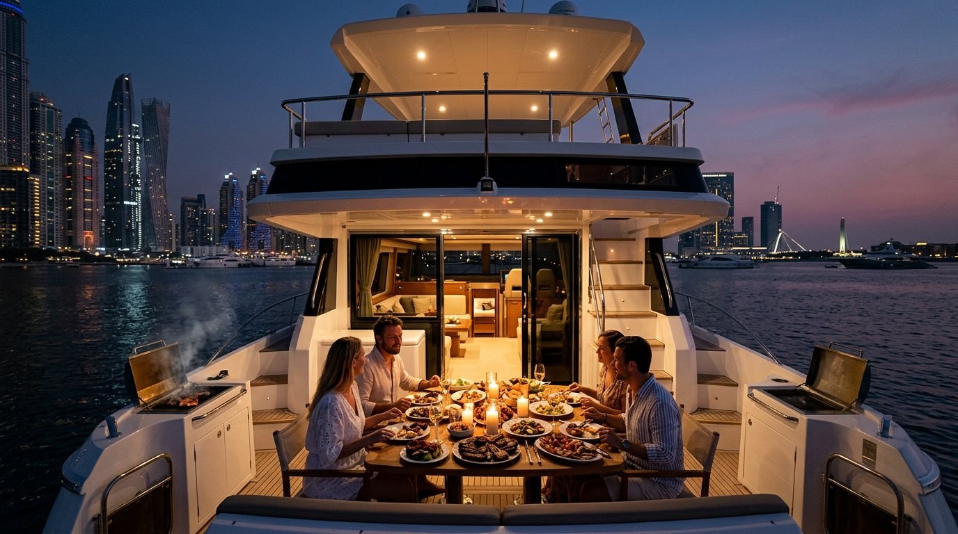 Romantic candlelit dinner setting on an aft yacht deck overlooking Dubai Marina