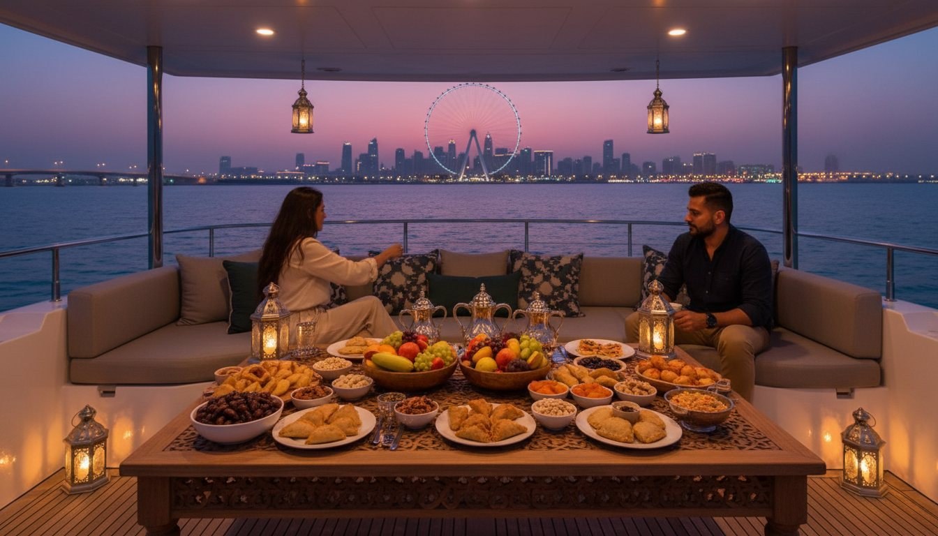 Traditional iftar table with dates and lanterns on a yacht deck