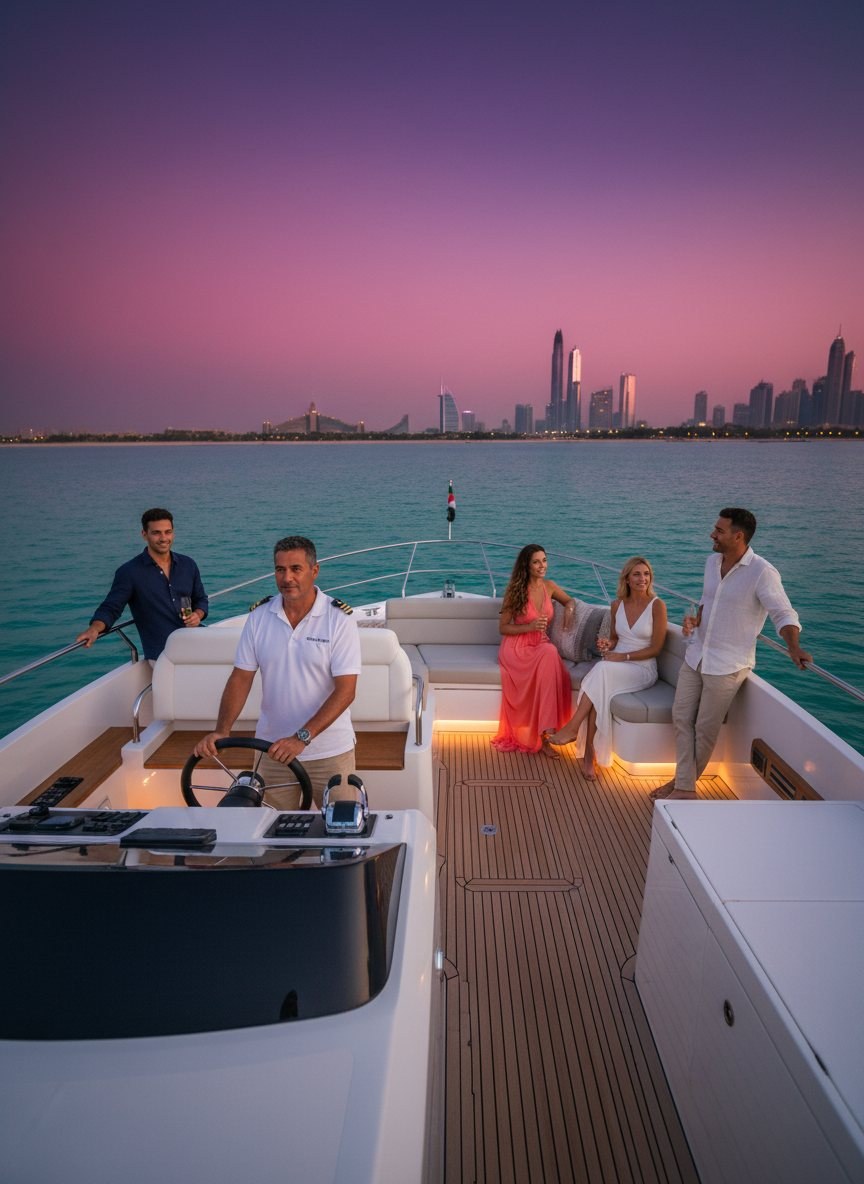View along the deck showing the captain navigating and guests enjoying views