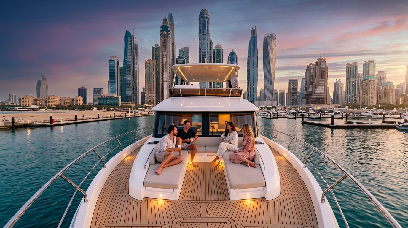 Die beeindruckenden Skyscraper der Dubai Marina vom Boot aus gesehen