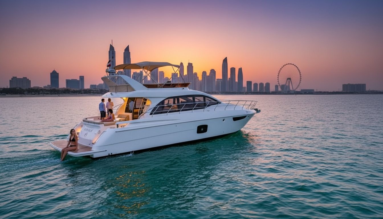 Water view of towering skyscrapers and berthed yachts inside Dubai Marina