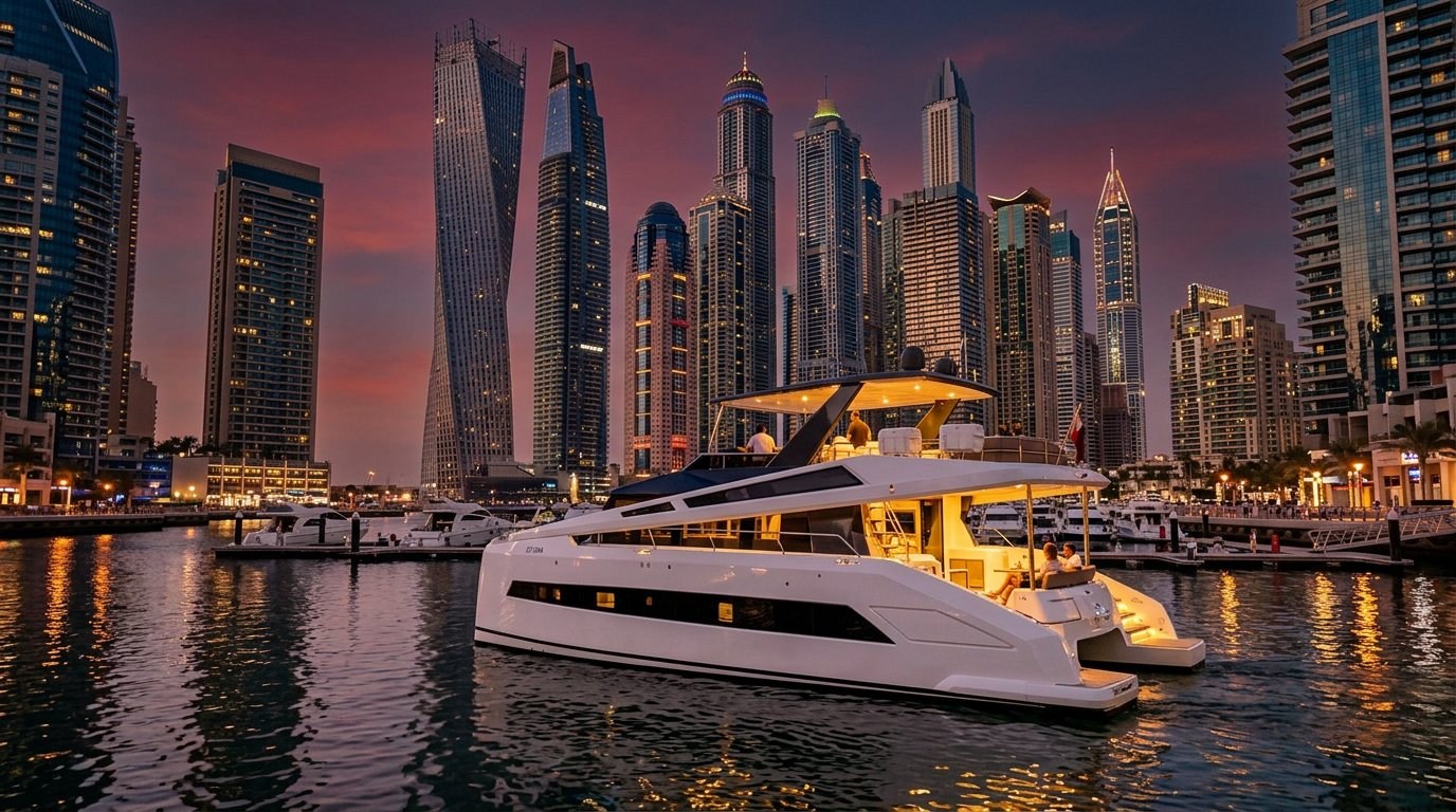 Waterfront perspective of luxury yachts moored in the bustling Dubai Marina