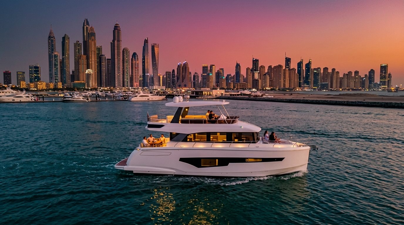 Waterfront view of Dubai Marina towers, promenade, and docked luxury yachts