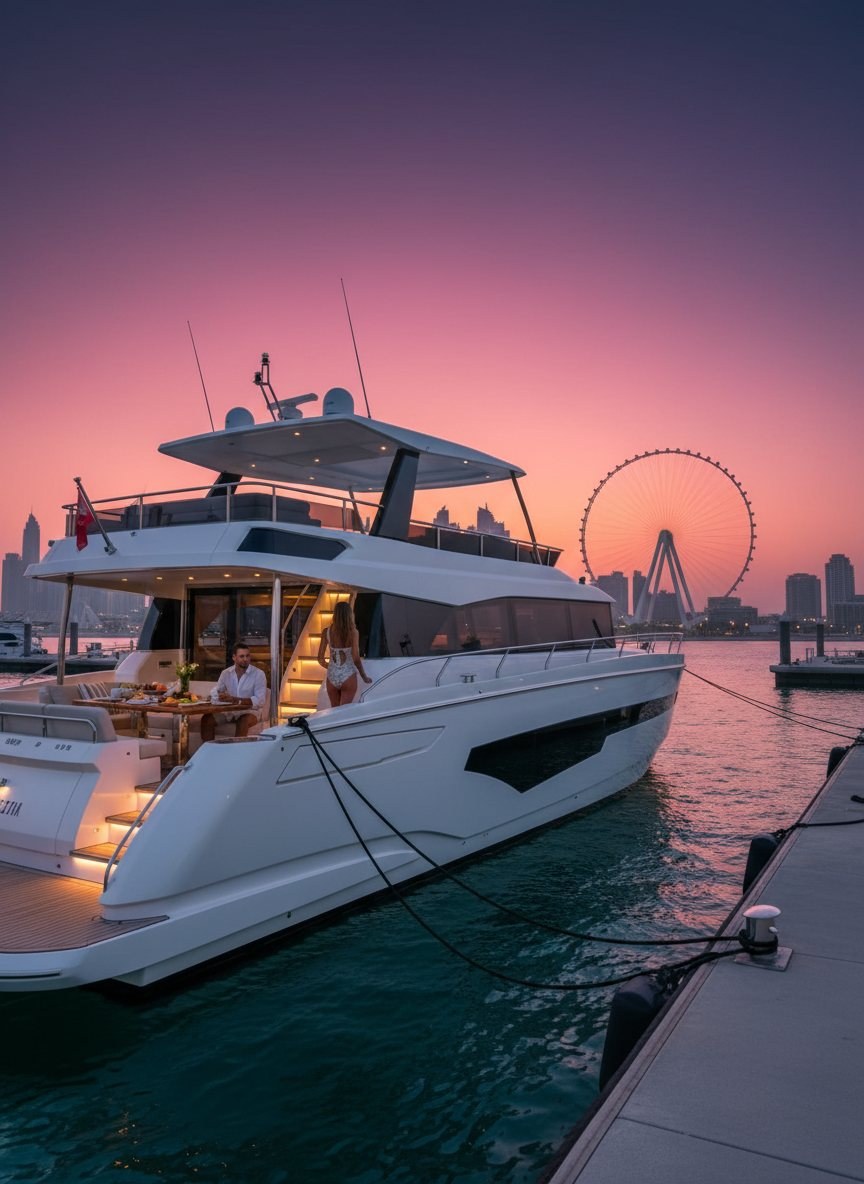 Yacht crew standing ready on the marina dock during early morning in Dubai